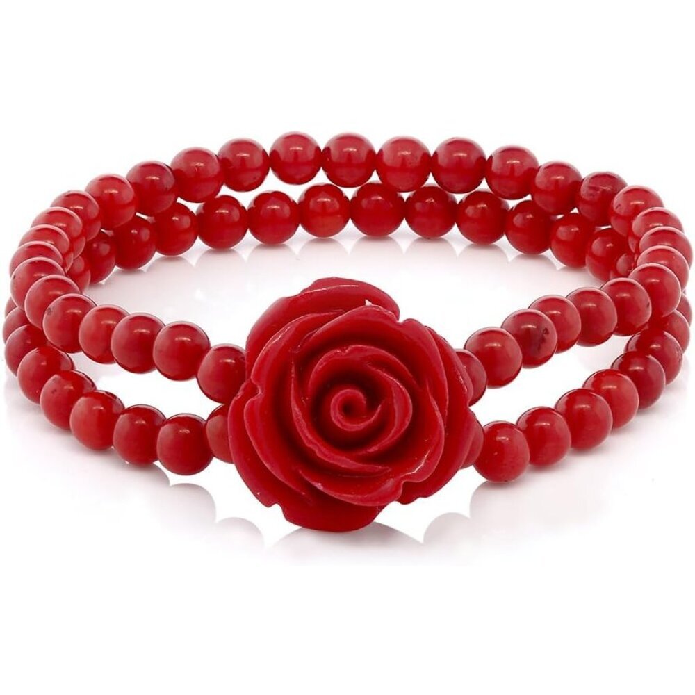 Stylish Red Simulated Coral Bead Rose Stretch Bracelet for Effortless Elegance